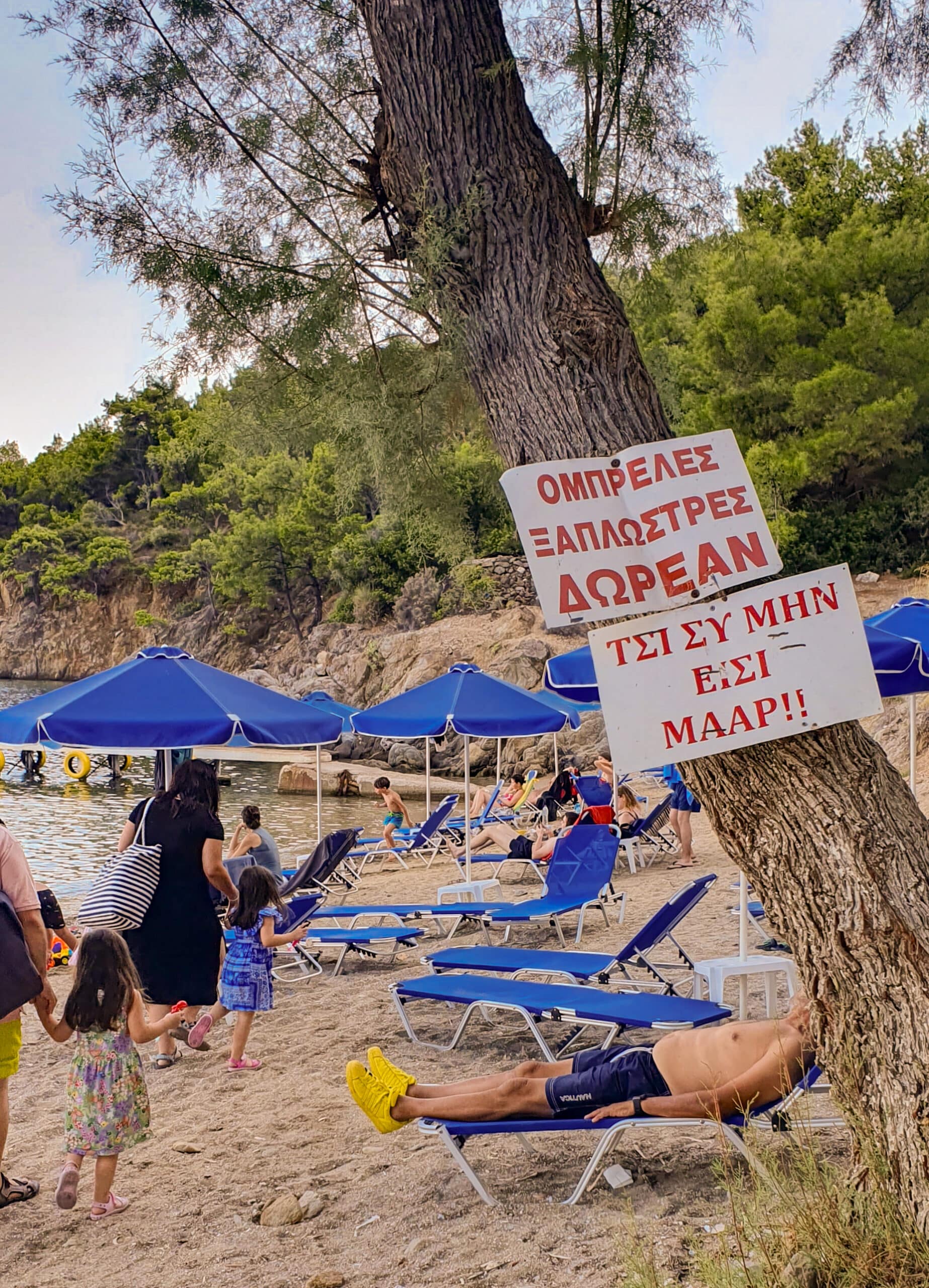 «Ομπρέλες και ξαπλώστρες δωρεάν τσι συ μην είσι μλαρ!!» Η viral πινακίδα στον Άγιο Ερμογένη Λέσβου